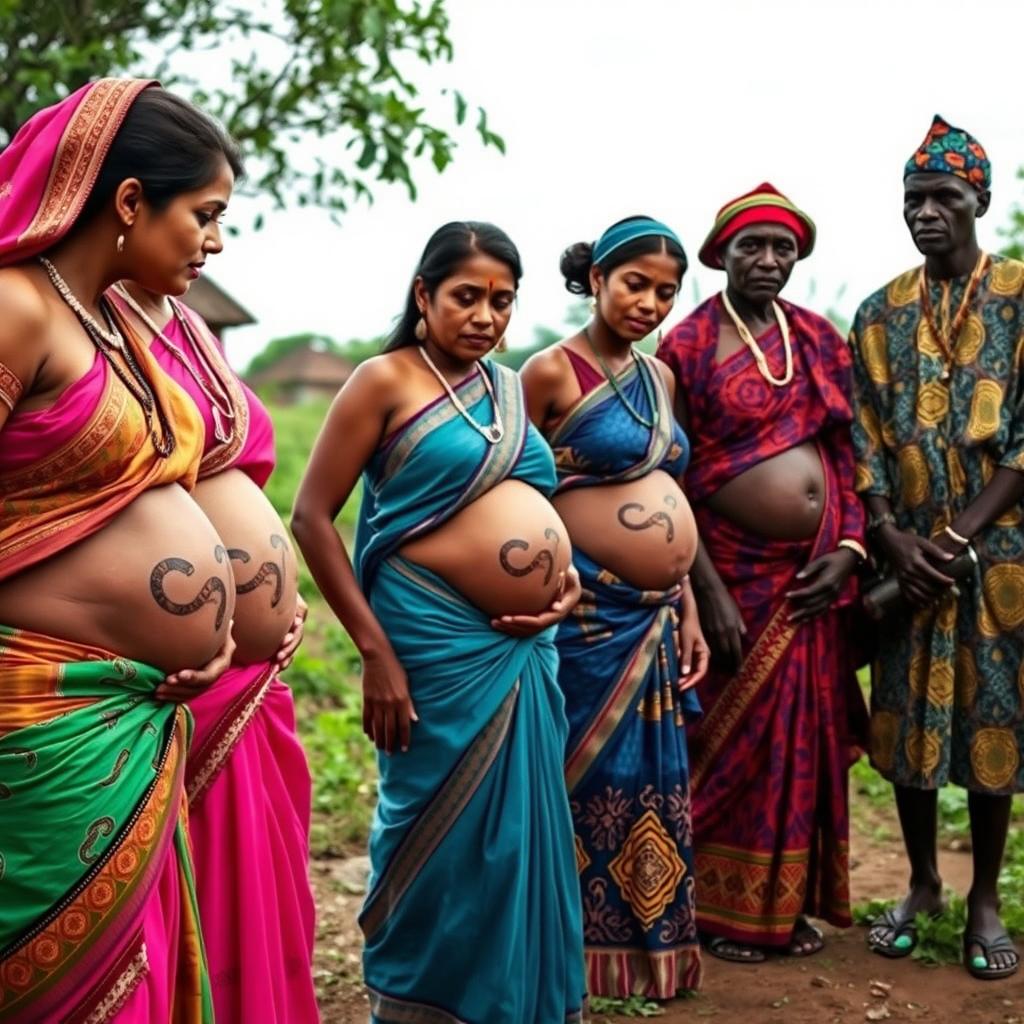 A line of pregnant Indian women wearing colorful sarees, with their exposed stomachs featuring intricate snake tattoos that symbolize strength and fertility