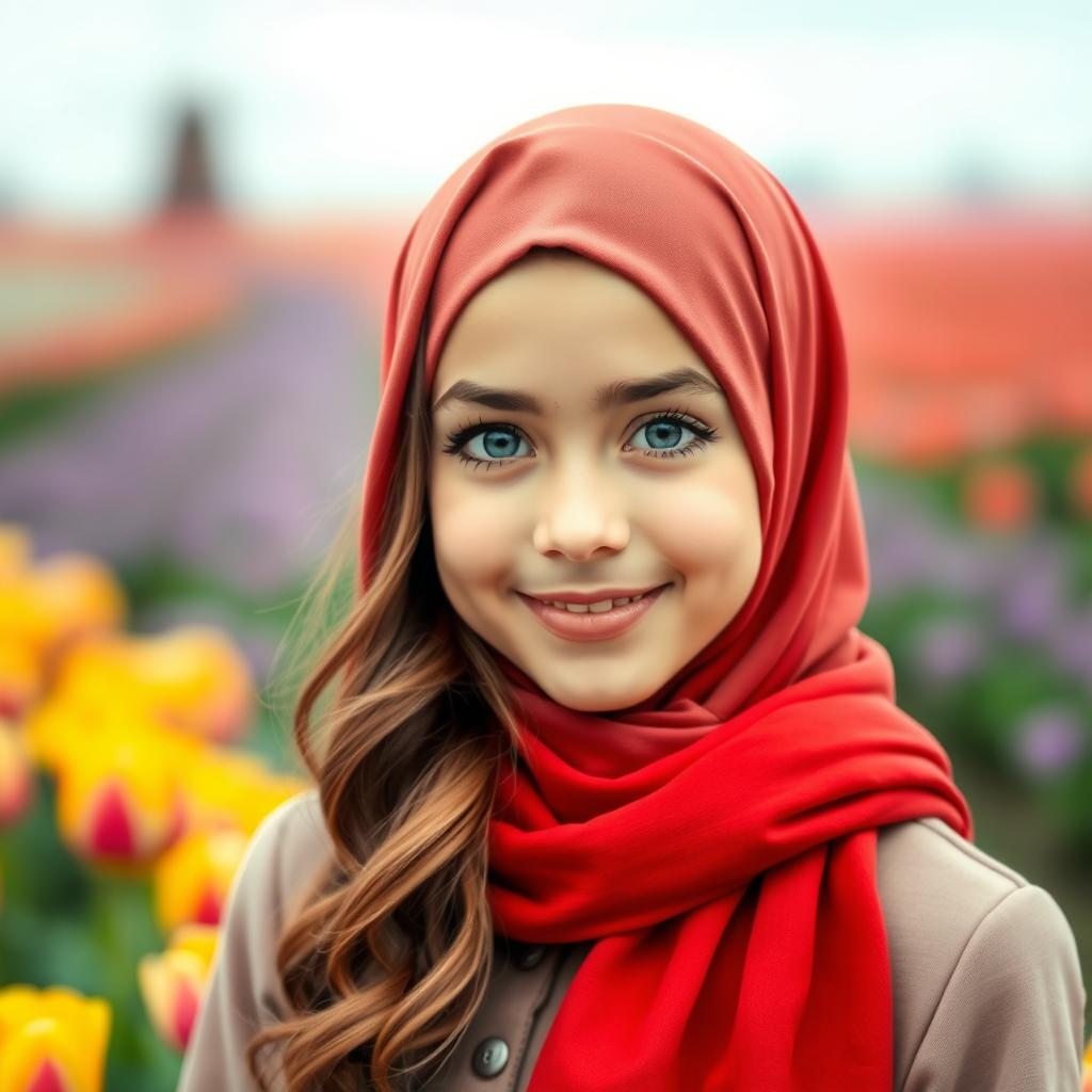 A beautiful Dutch girl wearing a stylish hijab, with striking features including long, wavy hair peeking out from under the hijab, bright blue eyes, and a warm smile