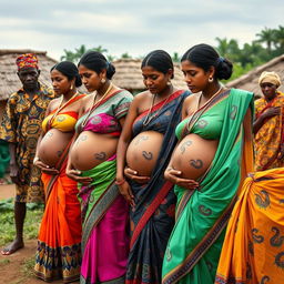 A line of pregnant Indian women wearing colorful sarees, with their exposed stomachs featuring intricate snake tattoos that symbolize strength and fertility