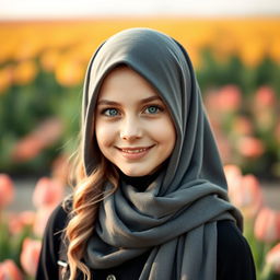 A beautiful Dutch girl wearing a stylish hijab, with striking features including long, wavy hair peeking out from under the hijab, bright blue eyes, and a warm smile