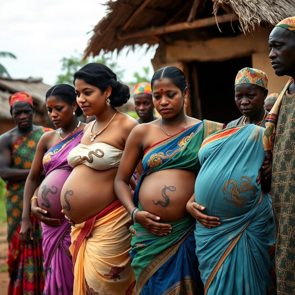 A line of pregnant Indian women wearing colorful sarees, with their exposed stomachs featuring intricate snake tattoos that symbolize strength and fertility