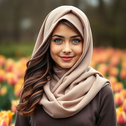 A beautiful Dutch girl wearing a stylish hijab, with striking features including long, wavy hair peeking out from under the hijab, bright blue eyes, and a warm smile