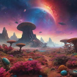 An alien planet teeming with unprecedented exotic creatures, flourishing in unique landscapes under a colorful alien sky.