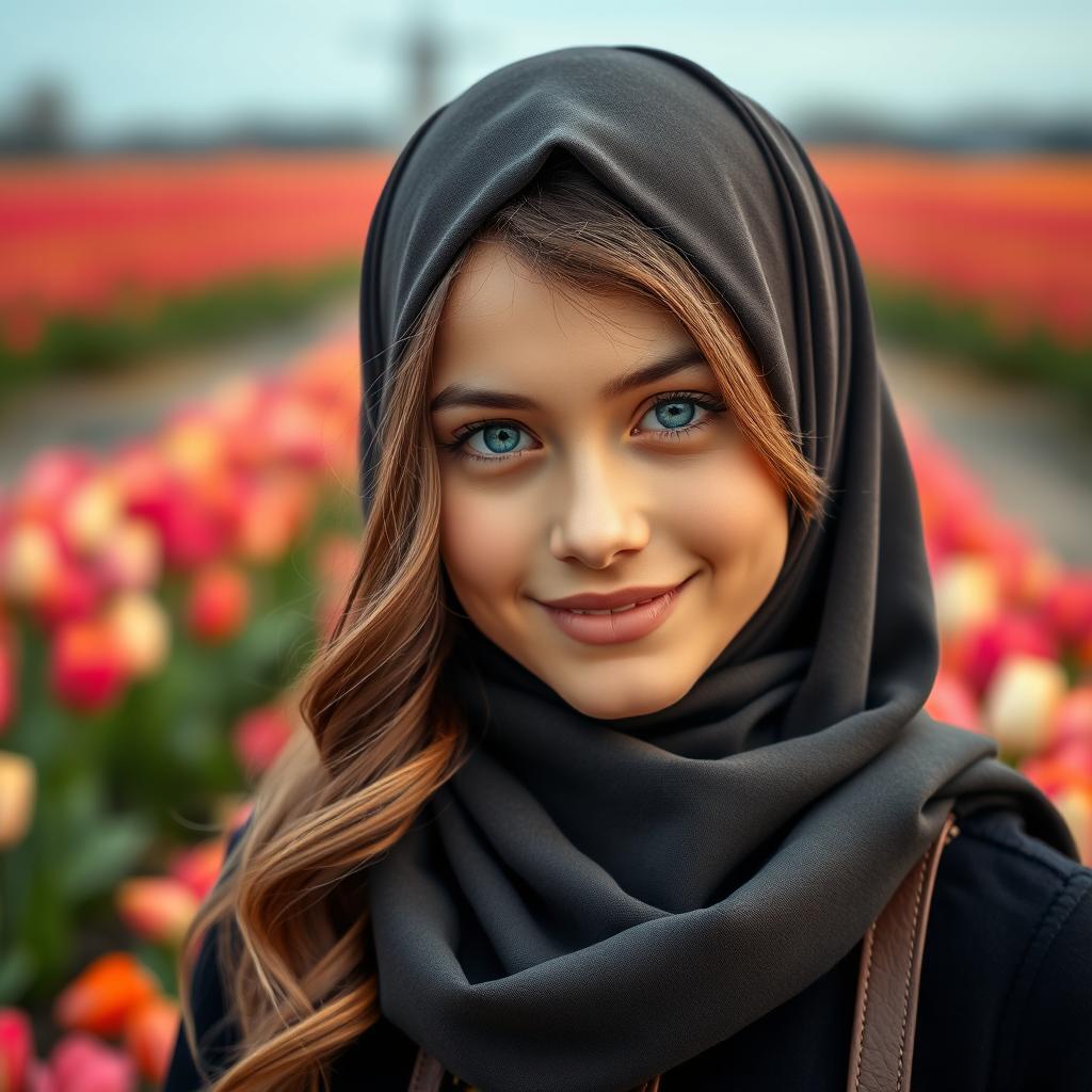 A beautiful Dutch girl wearing a stylish hijab, with striking features including long, wavy hair peeking out from under the hijab, bright blue eyes, and a warm smile