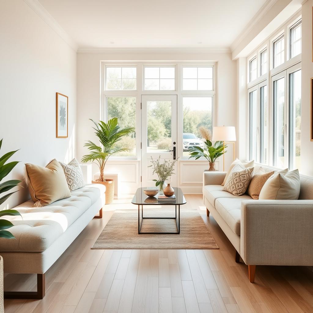 A bright and inviting interior of a light-filled living room, featuring a soft, plush bench and a cozy sofa adorned with decorative pillows