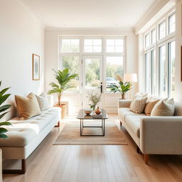 A bright and inviting interior of a light-filled living room, featuring a soft, plush bench and a cozy sofa adorned with decorative pillows