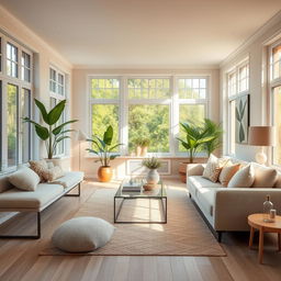 A bright and inviting interior of a light-filled living room, featuring a soft, plush bench and a cozy sofa adorned with decorative pillows