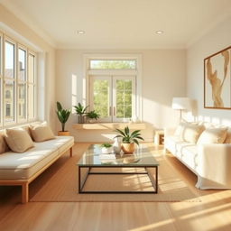 A bright and inviting interior of a light-filled living room, featuring a soft, plush bench and a cozy sofa adorned with decorative pillows