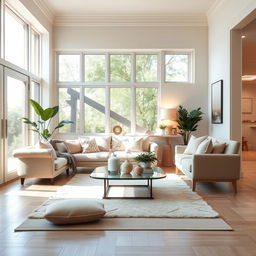 A bright and inviting interior of a light-filled living room, featuring a soft, plush bench and a cozy sofa adorned with decorative pillows