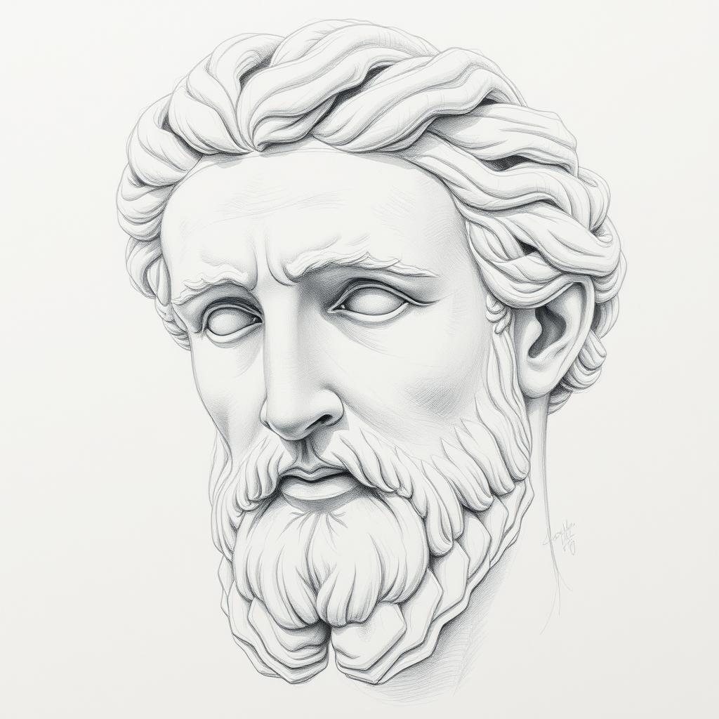 A detailed white-blue pencil sketch of an old aged Greek statue head, characterized by soft and warm lines