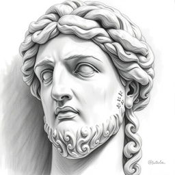 A detailed white-blue pencil sketch of an old aged Greek statue head, characterized by soft and warm lines