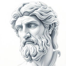 A detailed white-blue pencil sketch of an old aged Greek statue head, characterized by soft and warm lines