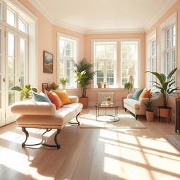 A bright and inviting interior of a light-filled living room, featuring a soft, plush bench and a cozy sofa decorated with colorful pillows