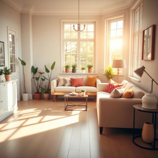 A bright and inviting interior of a light-filled living room, featuring a soft, plush bench and a cozy sofa decorated with colorful pillows