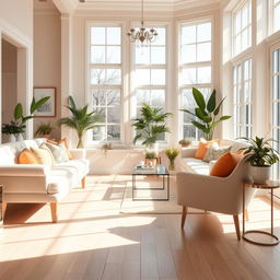 A bright and inviting interior of a light-filled living room, featuring a soft, plush bench and a cozy sofa decorated with colorful pillows