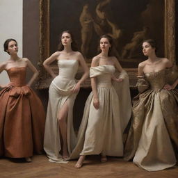 Create an image of models posing for a classic work of art. They are arranged in a tableau that references historical painting styles, their differing poses and expressions forming a dynamic composition.