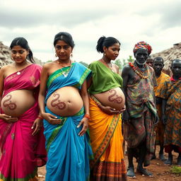 A line of pregnant Indian women wearing vibrant sarees, with their exposed midsections adorned with intricate snake tattoos that signify strength and femininity