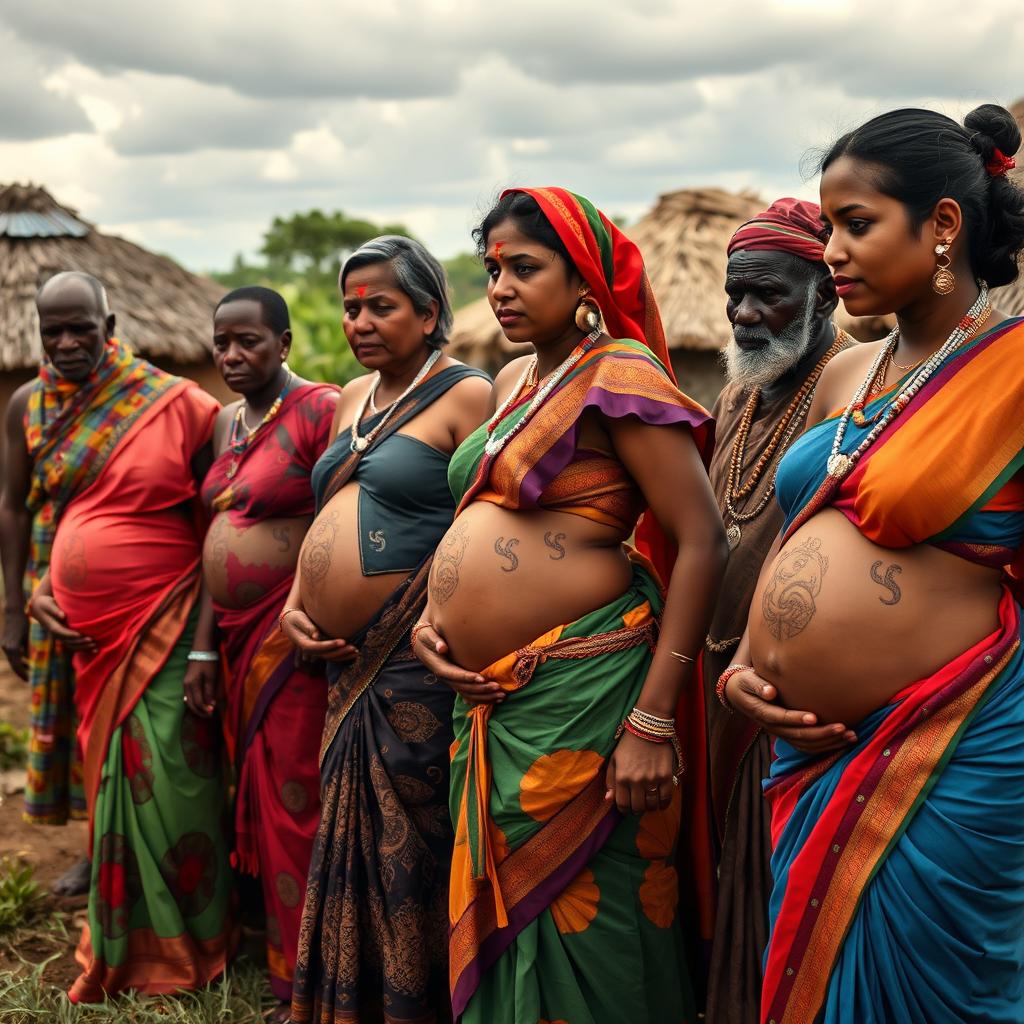 A line of pregnant Indian women wearing vibrant sarees, with their exposed midsections adorned with intricate snake tattoos that signify strength and femininity