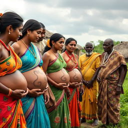 A line of pregnant Indian women wearing vibrant sarees, with their exposed midsections adorned with intricate snake tattoos that signify strength and femininity