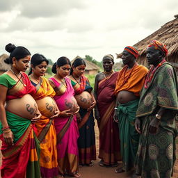 A line of pregnant Indian women wearing vibrant sarees, with their exposed midsections adorned with intricate snake tattoos that signify strength and femininity