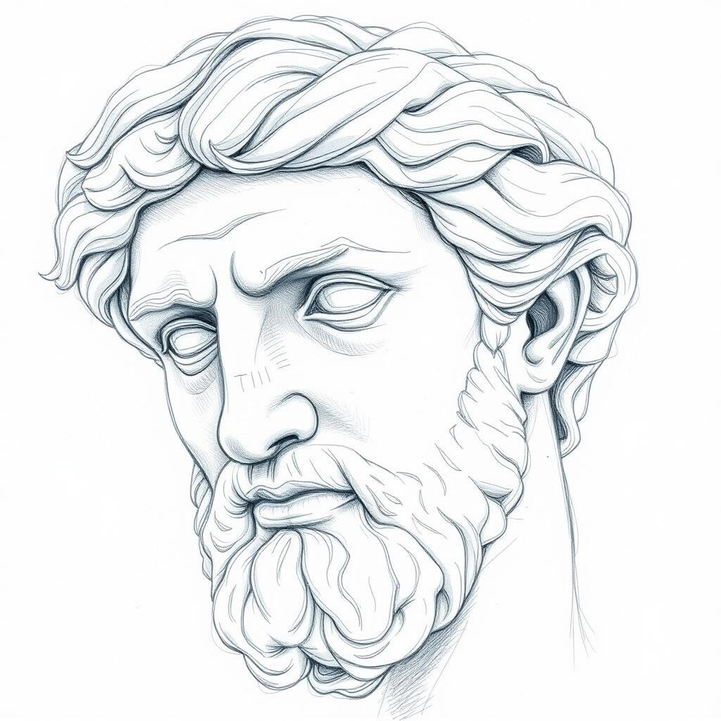 A white-blue pencil sketch of an old aged Greek statue head, showcasing intricate details and soft, flowing lines