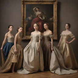 Create an image of models posing for a classic work of art. They are arranged in a tableau that references historical painting styles, their differing poses and expressions forming a dynamic composition.