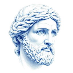 A white-blue pencil sketch of an old aged Greek statue head, showcasing intricate details and soft, flowing lines