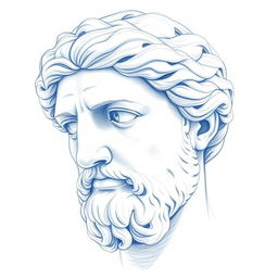 A white-blue pencil sketch of an old aged Greek statue head, showcasing intricate details and soft, flowing lines