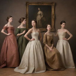 Create an image of models posing for a classic work of art. They are arranged in a tableau that references historical painting styles, their differing poses and expressions forming a dynamic composition.