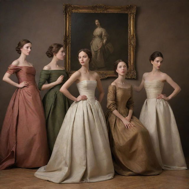 Create an image of models posing for a classic work of art. They are arranged in a tableau that references historical painting styles, their differing poses and expressions forming a dynamic composition.