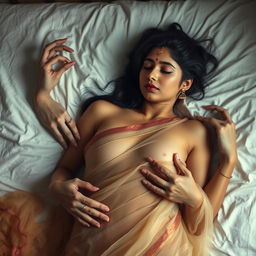 An elegant Indian beauty with fair skin peacefully sleeping on a bed, adorned in a transparent saree that delicately reveals her figure