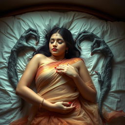 An elegant Indian beauty with fair skin peacefully sleeping on a bed, adorned in a transparent saree that delicately reveals her figure