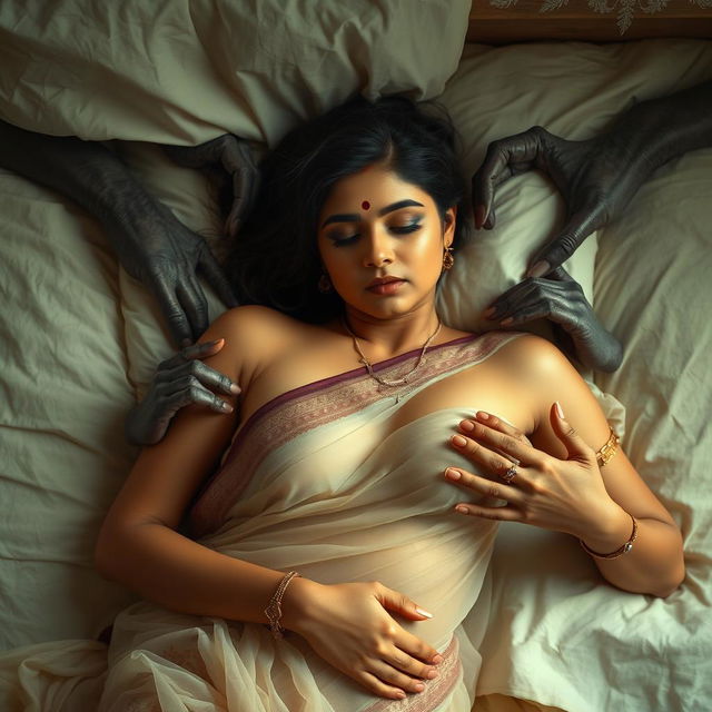 An elegant Indian beauty with fair skin peacefully sleeping on a bed, adorned in a transparent saree that delicately reveals her figure