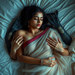 An elegant Indian beauty with fair skin peacefully sleeping on a bed, adorned in a transparent saree that delicately reveals her figure