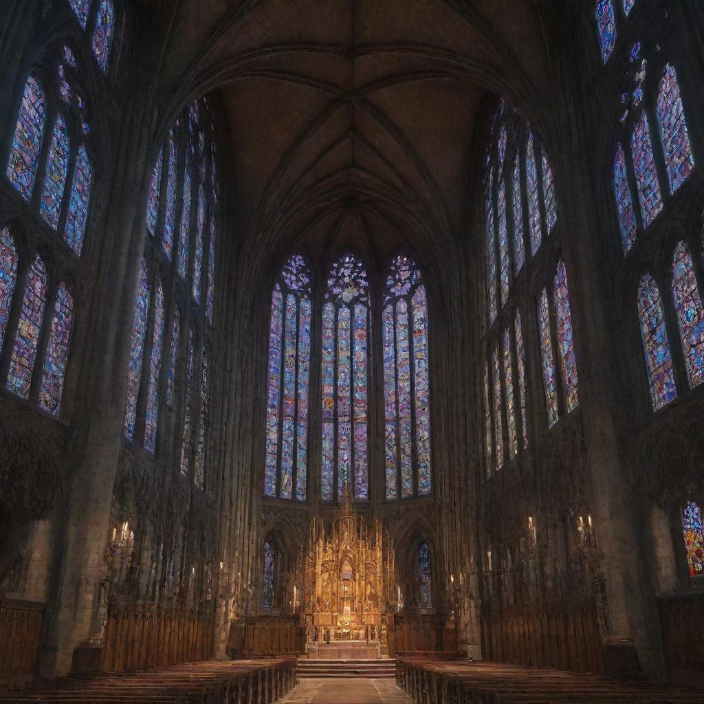 A majestic Gothic church, with intricate stone carvings, high spires reaching towards the sky, and large stained glass windows casting colorful light.