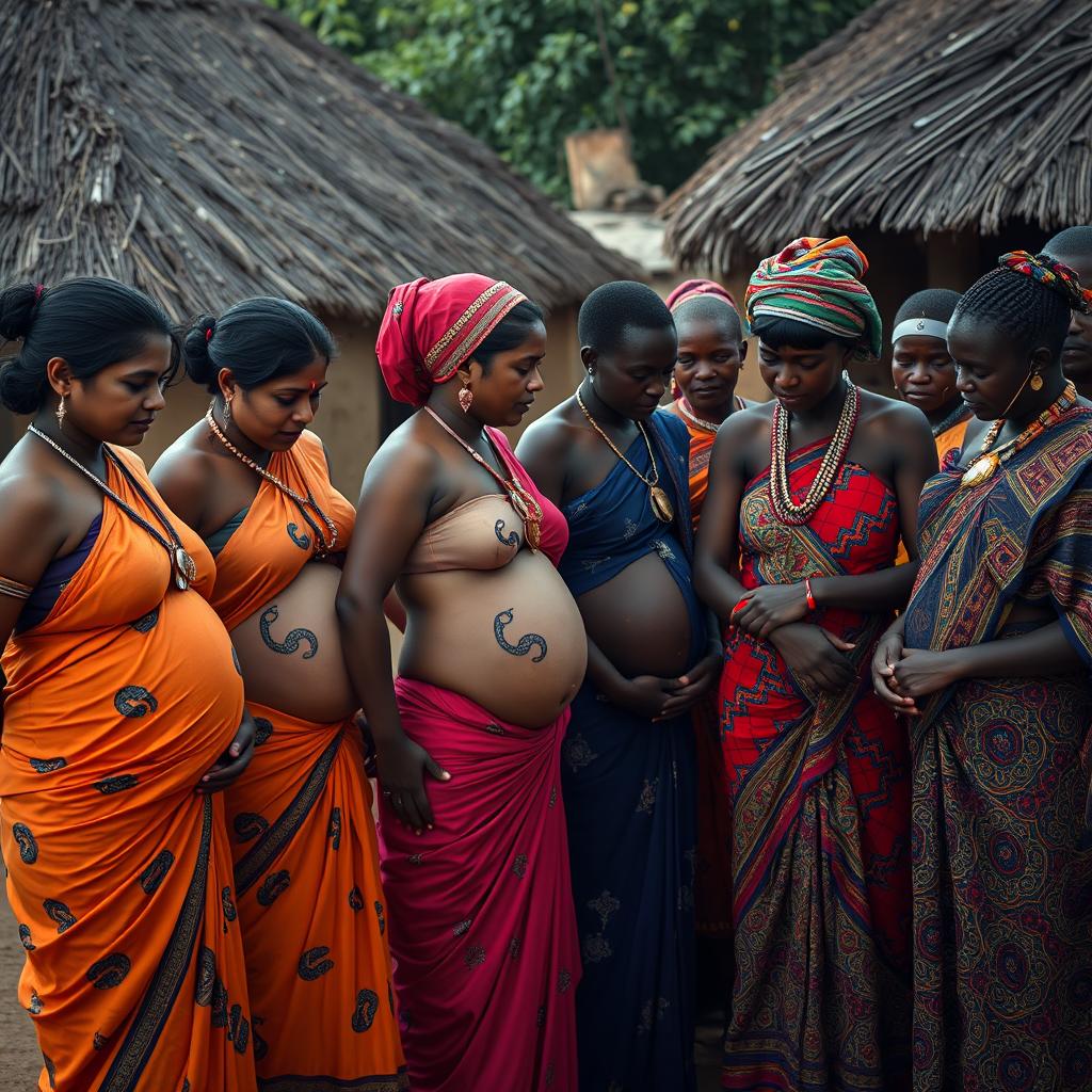 A line of pregnant Indian women in vibrant sarees, with their exposed stomachs featuring intricate snake tattoos that symbolize fertility and strength