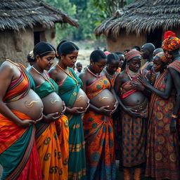 A line of pregnant Indian women in vibrant sarees, with their exposed stomachs featuring intricate snake tattoos that symbolize fertility and strength