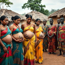 A line of pregnant Indian women adorned in colorful sarees, featuring exposed midsections that showcase intricate snake tattoos symbolizing fertility