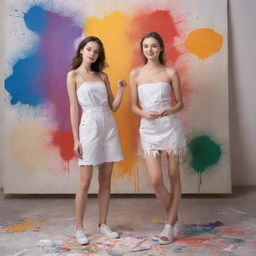 Create an image of models posing in an artistic setup. They express different emotions, their poses mirroring classic art poses. The backdrop is an art studio filled with canvases, brushes, and splashes of vibrant colors.