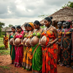 A line of pregnant Indian women adorned in colorful sarees, featuring exposed midsections that showcase intricate snake tattoos symbolizing fertility