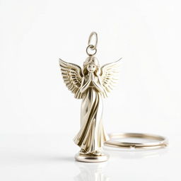 A full view of a standing angel statue designed as a keychain, showcasing intricate details on the wings and body of the angel