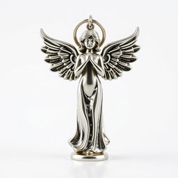 A full view of a standing angel statue designed as a keychain, showcasing intricate details on the wings and body of the angel