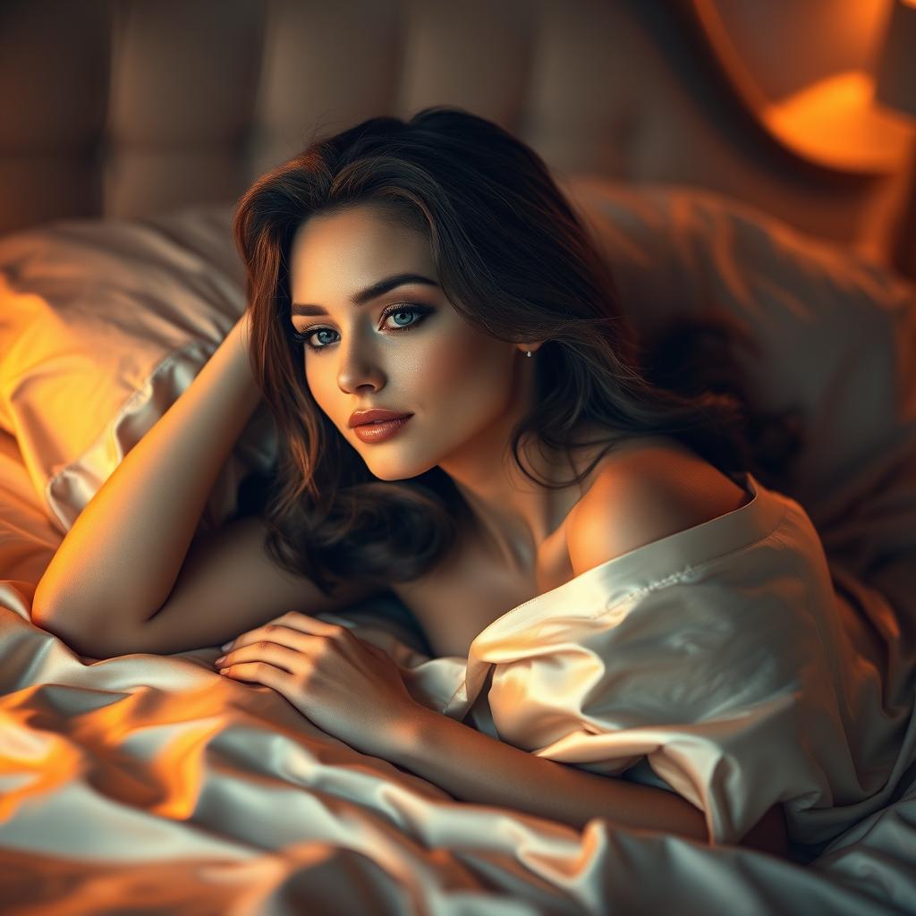 A sensual and artistic depiction of a woman in an intimate setting, softly illuminated by warm light