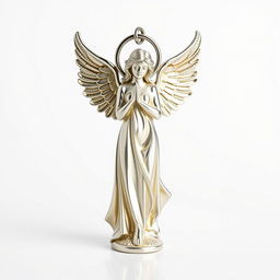 A full view of a standing angel statue designed as a keychain, showcasing intricate details on the wings and body of the angel