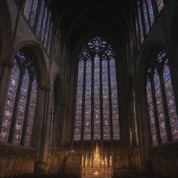 A majestic Gothic church, with intricate stone carvings, high spires reaching towards the sky, and large stained glass windows casting colorful light.