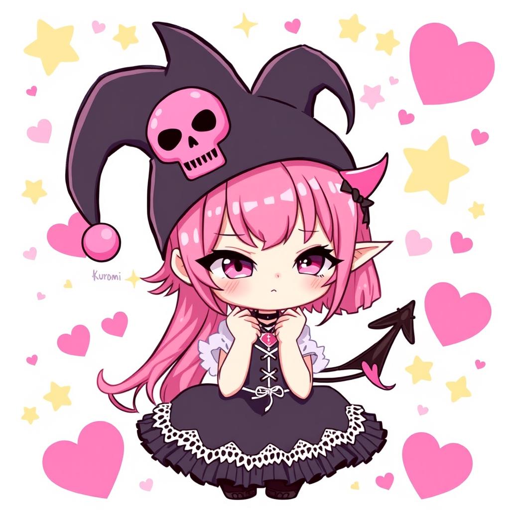 A cute and stylish character inspired by the personality of Kuromi, featuring her signature black jester hat with a pink skull on the front