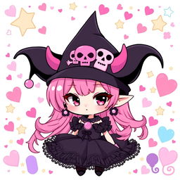 A cute and stylish character inspired by the personality of Kuromi, featuring her signature black jester hat with a pink skull on the front