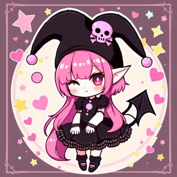 A cute and stylish character inspired by the personality of Kuromi, featuring her signature black jester hat with a pink skull on the front