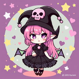 A cute and stylish character inspired by the personality of Kuromi, featuring her signature black jester hat with a pink skull on the front