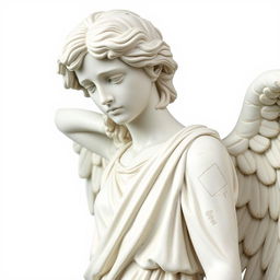 A full view of a sad angel statue designed in the style of a Greek statue, characterized by classical features and draped garments